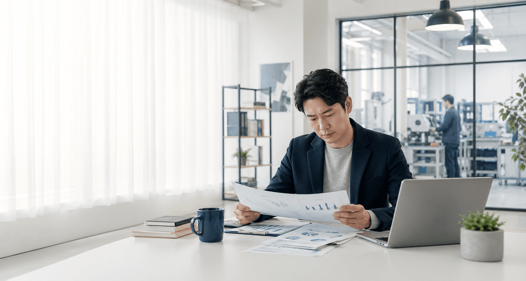 FundingKorea 진단 흐름을 상징하는, 대표가 사업 자료를 검토하는 장면